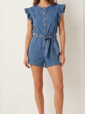 BiBi Denim Blue Ruffle Sleeve Tie-Waist Romper